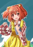  1girl :d apron bangs bell blush book character_name checkered checkered_kimono clothes_writing cowboy_shot hair_bell hair_ornament highres japanese_clothes jingle_bell kimono long_sleeves looking_at_viewer motoori_kosuzu open_mouth oshiaki red_eyes redhead smile solo touhou two_side_up wide_sleeves 