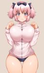  +_+ 1girl absurdres blush bow breasts buruma cowboy_shot hair_bow hechi_(hechi322) hibari_(senran_kagura) highres jacket large_breasts pink_hair senran_kagura short_twintails solo symbol-shaped_pupils track_jacket twintails wavy_mouth 