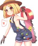  1girl arm_up armpits badge blonde_hair chainsaw chawan_(yultutari) denim denim_shorts fate/grand_order fate_(series) flat_chest gloves hat heart highres holding naked_overalls overalls paul_bunyan_(fate/grand_order) short_hair short_shorts shorts smile solo spoken_heart sun_hat weapon yellow_eyes 