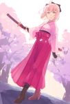  boots cherry_blossoms commentary cross-laced_footwear fate/grand_order fate_(series) high_heel_boots high_heels highres japanese_clothes katana kimono lace-up_boots looking_at_viewer obi pink_hair sakino_saku sakura_saber sash sheath sheathed short_hair smile sword weapon wide_sleeves yellow_eyes 