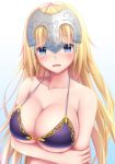  1girl :o bangs bare_arms bare_shoulders bikini blonde_hair blue_eyes blush breast_hold breasts cleavage collarbone commentary_request eyebrows_visible_through_hair fate/grand_order fate_(series) gradient gradient_background halter_top halterneck headpiece holding_arm large_breasts long_hair looking_at_viewer open_mouth ruler_(fate/apocrypha) solo standing swimsuit tapisuke upper_body 
