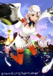  1girl basket black_wings company_name egg feathered_wings feathers flying jpeg_artifacts multicolored multicolored_wings red_legwear sasamori_tomoe solo thigh-highs white_feathers white_hair white_wings wings wixoss 