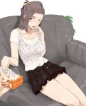  1girl brown_hair couch ogros one_eye_closed original scrunchie see-through simple_background sitting skirt solo_focus tank_top tissue tissue_box 