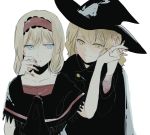  2girls alice_margatroid alternate_costume bandage black_clothes blonde_hair blue_eyes bow cape capelet expressionless hair_bow hand_holding hand_on_own_cheek hat interlocked_fingers kirisame_marisa long_hair menbou_(nonnontako) multiple_girls short_hair smile touching_another&#039;s_chin touhou white_background witch_hat yellow_eyes 