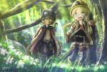  1boy 1girl :d blonde_hair brown_gloves brown_hair cape day flower forest glasses gloves grass green_eyes hat helmet jacket keane912 light_rays long_hair made_in_abyss mechanical_arms nature navel open_mouth outdoors pointing purple_legwear regu_(made_in_abyss) riko_(made_in_abyss) signature smile standing tree twintails whistle yellow_eyes yellow_hat 