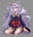  1girl animal_ears clog_sandals dannrei3636 eyepatch fox_ears fox_tail full_body hair_over_one_eye horns japanese_clothes kuon_(shinrabanshou) kyuubi long_hair long_sleeves looking_at_viewer multiple_tails parted_lips pelvic_curtain red_eyes sash shinrabanshou silver_hair sitting solo tail very_long_hair wide_sleeves 