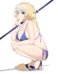  bikini blonde_hair blue_eyes braid breast_rest breasts cleavage eyebrows_visible_through_hair fate/apocrypha fate_(series) from_side glint headpiece high_heels large_breasts long_hair purple_bikini ruler_(fate/apocrypha) side-tie_bikini simple_background single_braid squatting strap_gap suzuharu_toufu swimsuit very_long_hair white_background 