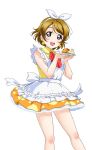  1girl apron artist_request bare_shoulders blush bow brown_hair dress earrings fingernails hair_bow hairband holding jewelry koizumi_hanayo korekara_no_someday looking_at_viewer love_live! love_live!_school_idol_festival love_live!_school_idol_festival_after_school_activity love_live!_school_idol_project nail_polish official_art open_mouth petticoat pink_nails plate short_hair sleeveless sleeveless_dress smile solo sweets transparent_background violet_eyes 