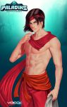  1boy abs artist_name bare_shoulders brown_hair copyright_name green_eyes headband highres male_focus navel nipples paladins scar scarf sha_lin shirtless solo upper_body vocox 