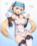  1girl 2d bangs blue_background blush breasts covered_navel cowboy_shot eyebrows_visible_through_hair frame_arms_girl gradient gradient_background hair_between_eyes hands_up headgear heart hresvelgr large_breasts long_hair looking_at_viewer low_twintails mecha_musume open_mouth school_swimsuit shadow sidelocks smile solo swimsuit thigh-highs twintails white_legwear white_school_swimsuit white_swimsuit 