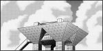  aoki_hagane_no_arpeggio building clouds commentary_request greyscale kaname_aomame monochrome no_humans real_life sky tokyo_big_sight 