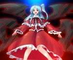  1girl :d ahoge arms_at_sides blue_hair blush capelet cowboy_shot demon_wings frilled_sleeves frills hair_bobbles hair_ornament highres long_sleeves looking_at_viewer multiple_wings open_mouth oshiaki red_shirt red_skirt shinki shirt side_ponytail skirt skirt_set smile solo touhou touhou_(pc-98) violet_eyes wide_sleeves wings 