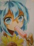  1girl blue_eyes blue_hair cirno flower food looking_at_viewer niri popsicle short_hair solo sunflower tanned_cirno touhou traditional_media 