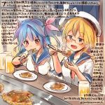  10s 2girls :d alternate_costume blonde_hair blue_eyes blue_hair blue_sailor_collar colored_pencil_(medium) commentary_request dated food glasses hat holding i-19_(kantai_collection) i-8_(kantai_collection) kantai_collection kirisawa_juuzou long_hair multiple_girls neckerchief numbered okonomiyaki open_mouth pink_neckerchief red-framed_eyewear red_eyes sailor_collar sailor_hat school_uniform serafuku short_sleeves smile traditional_media translation_request tri_tails twitter_username white_hat 