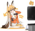  10s 1girl black_gloves blazer blonde_hair blush bow bowtie brown_hair closed_mouth directional_arrow eyebrows_visible_through_hair ezo_red_fox_(kemono_friends) fox_tail full_body fur_trim game_console gloves gradient_hair highres holding jacket japari_symbol kemono_friends leaning_to_the_side long_hair long_sleeves motion_lines multicolored_hair necktie no_shoes pantyhose playing_games pleated_skirt sitting skirt solo tail television tsutomu_(pixiv321187) very_long_hair wariza white_background white_bow white_bowtie white_hair white_skirt wii wii_racing_wheel yellow_necktie 
