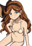  1girl beige_bikini bikini blue_eyes bow breasts brown_hair eyebrows_visible_through_hair from_above granblue_fantasy hair_bow hairband kasanui long_hair looking_at_viewer navel sara_(granblue_fantasy) simple_background sitting sketch small_breasts solo swimsuit white_background 