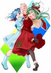  2girls black_legwear blue_boots blue_eyes blue_hair blue_skirt boots commentary_request dancing floating_hair foreshortening full_body gotoh510 green_eyes green_hair hair_bobbles hair_ornament hair_ribbon hand_holding highres interlocked_fingers kagiyama_hina kawashiro_nitori long_hair long_skirt looking_at_viewer multiple_girls nail_polish one_eye_closed open_mouth pantyhose pocket puffy_short_sleeves puffy_sleeves red_nails red_ribbon red_skirt ribbon rubber_boots short_sleeves skirt smile socks standing standing_on_one_leg touhou two_side_up white_background white_legwear 