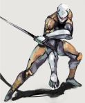  1boy cyborg glowing gray_fox male_focus mask metal_gear_(series) metal_gear_solid ninja ogros simple_background solo sword weapon 