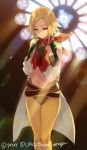  1girl bandanna blonde_hair company_name dona_(wixoss) gloves hair_ornament hairclip jpeg_artifacts lostorage_wixoss navel own_hands_together pantyhose praying sasamori_tomoe short_hair solo stained_glass standing wixoss yellow_legwear 