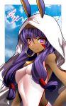  1girl arikanrobo armpits bangs bare_shoulders breasts dark_skin earrings eyebrows_visible_through_hair facial_mark fate/grand_order fate_(series) hair_between_eyes hairband highres hood hoop_earrings jewelry long_hair looking_at_viewer marker_(medium) nitocris_(fate/grand_order) nitocris_(swimsuit_assassin)_(fate) one-piece_swimsuit purple_hair small_breasts smile solo swimsuit traditional_media upper_body violet_eyes 