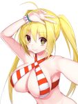  1girl arm_up bangs bead_bracelet beads bikini bracelet breasts cleavage closed_mouth criss-cross_halter eyebrows_visible_through_hair fate/grand_order fate_(series) green_eyes hair_between_eyes halterneck jewelry large_breasts long_hair looking_at_viewer mogullaz nero_claudius_(swimsuit_caster)_(fate) red_bikini saber_extra self_shot sidelocks simple_background smile solo striped striped_bikini swimsuit twintails upper_body v white_background white_bikini 