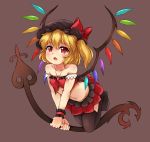  1girl alternate_costume bare_shoulders between_breasts black_hat black_legwear blonde_hair breasts brown_background bushi_(1622035441) fang flandre_scarlet full_body hat hat_ribbon highres holding holding_weapon jewelry laevatein looking_at_viewer miniskirt mob_cap navel necklace pleated_skirt red_eyes red_ribbon red_skirt ribbon simple_background skirt small_breasts solo stomach thigh-highs touhou weapon wings wrist_cuffs 