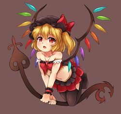  1girl alternate_costume bare_shoulders between_breasts black_hat black_legwear blonde_hair breasts brown_background bushi_(1622035441) fang flandre_scarlet full_body hat hat_ribbon highres holding holding_weapon jewelry laevatein looking_at_viewer miniskirt mob_cap navel necklace pleated_skirt red_eyes red_ribbon red_skirt ribbon simple_background skirt small_breasts solo stomach thigh-highs touhou weapon wings wrist_cuffs 