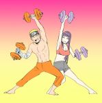  bandage bandaged_arm barefoot blonde_hair breasts cleavage closed_eyes dumbbell fes891 forehead_protector hime_cut husband_and_wife hyuuga_hinata naruto naruto:_the_last navel open_mouth pose purple_hair shirtless shorts smile spiky_hair stomach toned toned_male uzumaki_naruto whisker_markings whiskers 