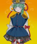  absurdres asymmetrical_hair blush gradient gradient_background green_eyes green_hair hatching_(texture) highres juliet_sleeves long_sleeves puffy_sleeves shiki_eiki shoulder_pads sweat sweating_profusely touhou vest x_x yodoi_(465kcal) 