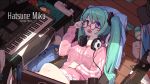  1girl adjusting_glasses aqua_hair artist_name bespectacled blue_eyes character_name computer_keyboard eyebrows_visible_through_hair from_above glasses hatsune_miku headphones headphones_around_neck highres hood hoodie instrument keyboard_(instrument) long_hair looking_at_viewer open_mouth rubik&#039;s_cube sitting slippers_removed solo twintails vocaloid zhayin-san 