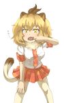  10s 1girl absurdres animal_ears arm_support bare_arms blonde_hair breast_pocket commentary_request cowboy_shot eyebrows_visible_through_hair fangs finger_in_mouth fur_collar hair_between_eyes hand_on_own_knee hand_up highres kemono_friends leaning_forward lion_(kemono_friends) lion_ears lion_tail looking_at_viewer necktie open_mouth plaid plaid_necktie plaid_skirt plaid_sleeves pocket shirt short_hair short_sleeves simple_background skirt solo standing tail tenya thigh-highs white_background white_shirt yellow_eyes yellow_legwear zettai_ryouiki 
