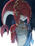  1girl absurdres fins fish_girl hair_ornament half-closed_eyes highres jewelry lipstick makeup mipha multicolored multicolored_skin na_(oagenosuke) necklace solo the_legend_of_zelda the_legend_of_zelda:_breath_of_the_wild upper_body yellow_eyes zora 