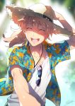  1boy blurry closed_eyes depth_of_field dog_tags fate/grand_order fate_(series) hat hawaiian_shirt long_hair male_focus open_clothes open_mouth open_shirt ponytail pov redrop romani_akiman shirt signature smile solo straw_hat sun_hat v-neck 