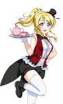  1girl artist_request ayase_eli bare_shoulders blonde_hair blue_eyes blush bow bowtie breasts cup earrings frills gloves hand_on_hip hat holding jewelry korekara_no_someday long_hair looking_at_viewer love_live! love_live!_school_idol_festival love_live!_school_idol_festival_after_school_activity love_live!_school_idol_project mini_hat official_art open_mouth pinstripe_pattern ponytail puffy_shorts shorts smile solo spoon striped teacup teapot teaspoon thigh-highs transparent_background vest white_gloves 