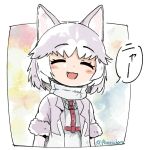  1girl :d ^_^ animal_ears artist_name blush_stickers closed_eyes commentary dog_(mixed_breed)_(kemono_friends) dog_ears facing_viewer fang fur-trimmed_sleeves fur_trim grey_hair harness jacket kemono_friends open_clothes open_jacket open_mouth panzuban short_hair smile solo speech_bubble translated twitter_username upper_body white_hair 