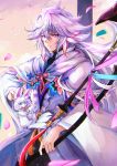  1boy bangs cloak closed_mouth eyebrows_visible_through_hair fate/stay_night fate_(series) fou_(fate/grand_order) hair_between_eyes holding long_hair looking_at_viewer luse_maonang male_focus merlin_(fate/stay_night) petals silver_hair smile solo violet_eyes white_hair 