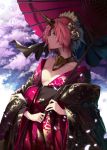  1girl bare_shoulders berserker_of_black black_ribbon blue_eyes breasts cleavage closed_mouth collarbone day dress fate/apocrypha fate_(series) floral_print flower hair_flower hair_ornament hair_ribbon holding holding_umbrella horn japanese_clothes kimono long_sleeves looking_away obi off_shoulder official_art oriental_umbrella outdoors petals pink_hair profile ribbon rose sash short_hair small_breasts solo soya_(torga) standing umbrella white_flower white_rose wide_sleeves 