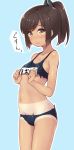  10s 1girl bare_arms blush brown_eyes brown_hair cowboy_shot eyebrows_visible_through_hair i-401_(kantai_collection) kantai_collection minamura_haruki navel ponytail school_swimsuit solo standing swimsuit tan tanline tareme tears torn_clothes torn_swimsuit 
