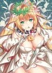  1girl ahoge bangs blonde_hair blush breasts chains cleavage cowboy_shot detached_sleeves fate/extra fate/extra_ccc fate_(series) gloves green_eyes large_breasts laurel_crown leotard lock long_sleeves looking_at_viewer majin_(kiidoumajin) naughty_face open_mouth padlock saber_bride saber_extra solo unzipping veil white_gloves white_leotard wide_sleeves zipper 