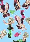  +_+ 2girls ankle_boots aori_(splatoon) black_boots black_dress black_jumpsuit blue_background boots closed_eyes closed_mouth cousins detached_collar domino_mask dress earrings expressions food food_on_face food_on_head gloves green_legwear grey_hair grin hotaru_(splatoon) invisible_chair jewelry long_hair looking_at_viewer mask mole mole_under_eye multiple_girls object_on_head open_mouth pointy_ears poses purple_legwear short_dress short_hair short_jumpsuit simple_background sitting smile splatoon squid squidbeak_splatoon standing strapless strapless_dress sushi tentacle_hair white_gloves wong_ying_chee 