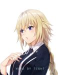  1girl bangs black_jacket black_necktie blonde_hair braid casual collared_shirt eyebrows_visible_through_hair fate/apocrypha fate_(series) hair_between_eyes hand_on_own_chest hand_up jacket long_hair long_sleeves looking_away mr.tight necktie parted_lips ruler_(fate/apocrypha) shiny shiny_hair shirt simple_background single_braid solo upper_body violet_eyes white_background white_shirt wing_collar 