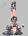  1girl :3 =_= animal_ears armpits arms_up blush boned_meat boots brown_hair claw_(weapon) closed_eyes closed_mouth erun_(granblue_fantasy) food full_body granblue_fantasy grey_background grey_boots grey_skirt handstand highres meat pleated_skirt sen_(granblue_fantasy) skirt solo thought_bubble tomonao twitter_username upside-down weapon 