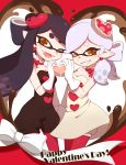  2girls adapted_costume aori_(splatoon) black_hair black_jumpsuit blush_stickers breasts brown_eyes cleavage cousins domino_mask dress earrings fangs gloves grin hair_ornament happy_valentine heart heart_hair_ornament heart_hands hotaru_(splatoon) jewelry long_hair looking_at_viewer mask medium_breasts mole mole_under_eye multiple_girls neck_ribbon one_eye_closed open_mouth pantyhose red_legwear ribbon riko_(sorube) short_dress short_hair short_jumpsuit shorts shorts_under_dress silver_hair smile splatoon standing symmetrical_hand_pose tentacle_hair thigh-highs valentine white_dress white_gloves white_shorts 