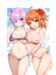  2girls :d ahoge armband artist_name bangs bare_arms bare_legs bare_shoulders barefoot blush breasts breasts_apart cleavage collarbone commentary_request cowboy_shot eyebrows_visible_through_hair eyelashes fate/grand_order fate_(series) feet flower fujimaru_ritsuka_(female) groin hair_flower hair_ornament hair_over_one_eye hand_to_head hibiscus highres holding_strap isy large_breasts leg_up legs_together looking_at_viewer medium_breasts midriff multiple_girls nail_polish navel one_leg_raised open_mouth orange_eyes orange_flower orange_hair orange_nails purple_flower purple_hair red_flower shielder_(fate/grand_order) short_hair side_ponytail smile standing standing_on_one_leg stomach thigh_gap toenail_polish toenails toes violet_eyes 