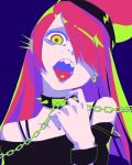  1girl collar earrings green_eyes hair_over_one_eye head_tilt hecatia_lapislazuli highres jewelry long_hair nail_polish open_mouth polos_crown red_nails redhead simple_background solo spikes teeth tongue tongue_out touhou upper_body wrist_cuffs zaonyan 