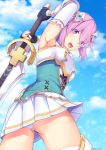  1girl :d arm_up armpits ass black_gloves breastplate clouds cowboy_shot daiaru eyebrows_visible_through_hair eyes_visible_through_hair fingerless_gloves four_goddesses_online:_cyber_dimension_neptune from_behind from_below gloves hair_ornament hair_over_eyes highres holding holding_sword holding_weapon neptune_(choujigen_game_neptune) neptune_(series) open_mouth panties purple_hair skirt sky smile solo striped striped_panties sword twitter_username underwear violet_eyes weapon white_skirt 
