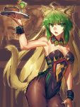  1boy 1girl animal_ears archer_of_red black_legwear blonde_hair breasts cat_ears cat_tail cleavage cocktail_glass cup drinking_glass fate/apocrypha fate_(series) green_eyes green_hair highres long_hair melon22 multicolored_hair open_mouth pantyhose saber_of_black salad solo_focus tail two-tone_hair wrist_cuffs 