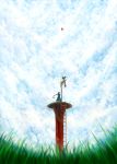  1girl balloon blue_dress braid clouds cloudy_sky commentary_request dress grass highres ladder long_hair original scenery sky solo standing tower very_long_hair 