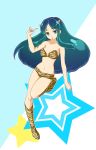  1girl animal_print bikini blue_eyes breasts green_hair highres horns long_hair lum oni solo swimsuit tiger_print urusei_yatsura 