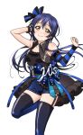  1girl armpits artist_request bangs bare_shoulders blue_hair blush boots bow bracelet breasts brown_eyes collarbone detached_sleeves garter_straps hair_bow jewelry looking_at_viewer love_live! love_live!_school_idol_festival love_live!_school_idol_festival_after_school_activity love_live!_school_idol_project official_art punk shorts single_detached_sleeve small_breasts smile solo sonoda_umi striped thigh-highs thigh_boots transparent_background 